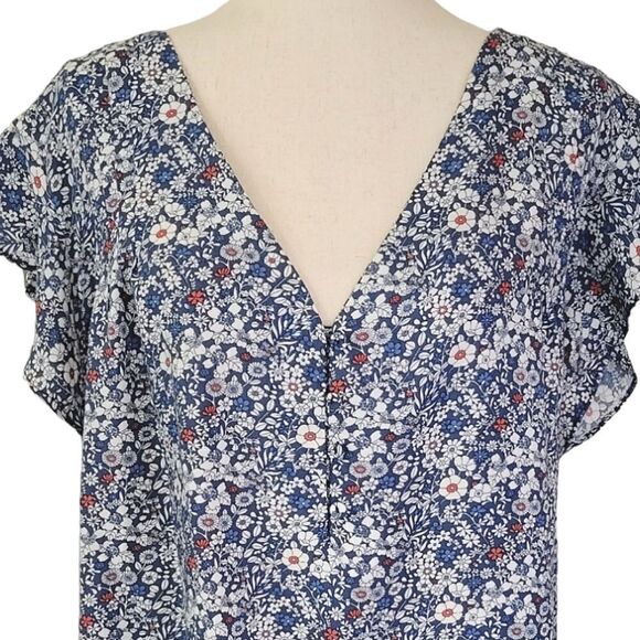 Jones New York Blue Floral V-neck Ruffle Sleeve Pleated Detail Blouse Size 3X - Picture 4 of 8